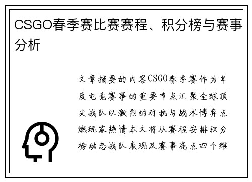 CSGO春季赛比赛赛程、积分榜与赛事分析