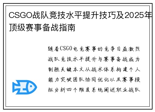 CSGO战队竞技水平提升技巧及2025年顶级赛事备战指南